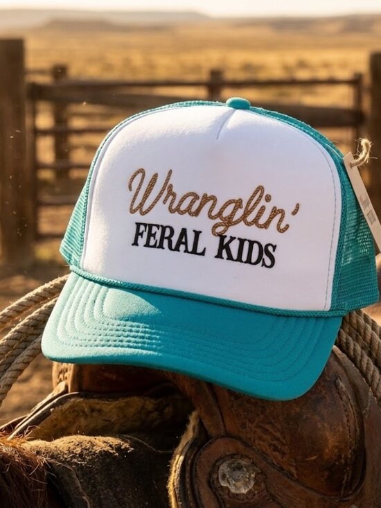 Handmade Accessories - Retro Wranglin Feral Kids Foam Trucker Hat Teal White Rope Snapback Cap Mom Dad